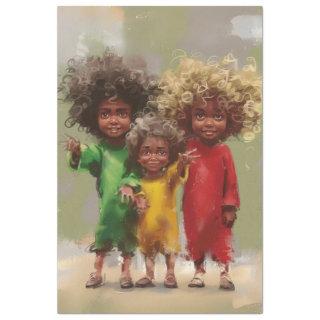 Decoupage Joyful Curly Headed Children in Red Tissue Paper