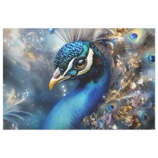 Decoupage Mystical Peacock in Blue Beige Gold Hues Tissue Paper