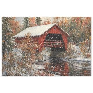Decoupage Red Covered Bridge Winter Scene Tissue Paper