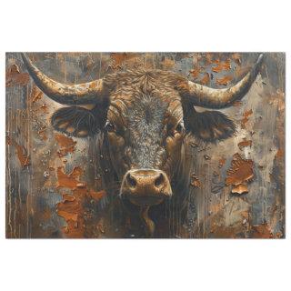 Decoupage Rust Finish Captivating Bull Sculpture  Tissue Paper