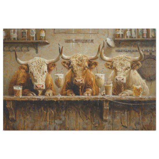Decoupage Whimsical Bar Scene Cows Drinking Tissue Paper
