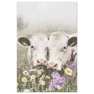 Decoupage White Cows in Field Wildflowers  Tissue Paper