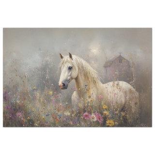 Decoupage White Horse Wildflower Field  Tissue Paper