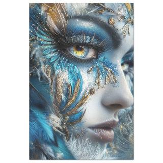 Decoupage Woman Intricate Headpiece Teals Gold  Tissue Paper