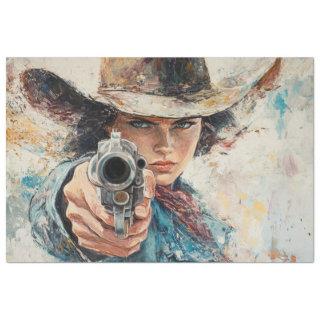 Decoupage Woman Sherriff Pistol Pointed a Robber Tissue Paper
