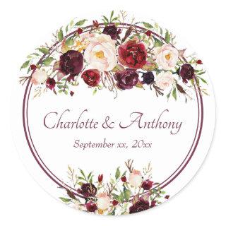 Deep Burgundy Floral Wedding Classic Round Sticker