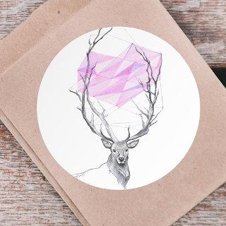 Deer and pink geometric heart drawing Animal art Classic Round Sticker