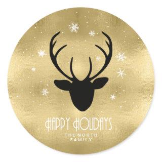 Deer Antlers Silhouette & Snowflakes Gold ID861  Classic Round Sticker