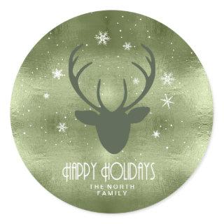 Deer Antlers Silhouette & Snowflakes Green ID861 Classic Round Sticker