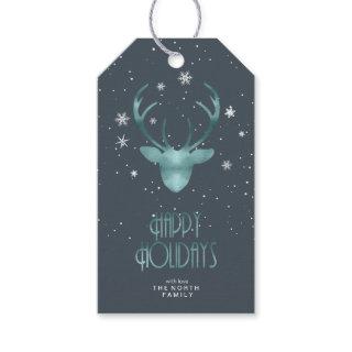 Deer Antlers & Snow Christmas Teal ID861 Gift Tags