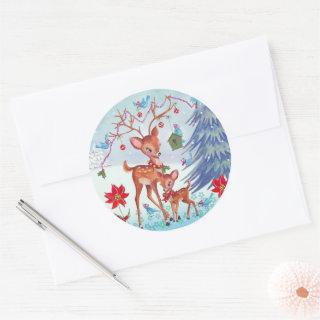 Deer Christmas Birds | Holiday Greeting card Classic Round Sticker