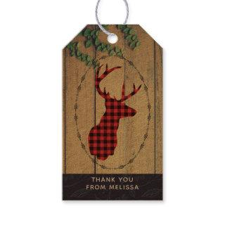 Deer Head with Antlers  on Wood Planks with Leaves Gift Tags