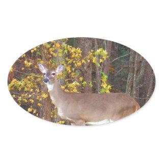 Deer in Front of Yellow Autumn Tree Oval Sticker