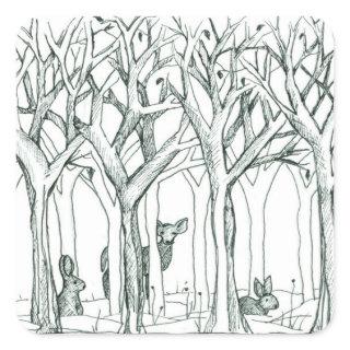 Deer Rabbits Wildlife Forest Trees Ink Drawing Square Sticker