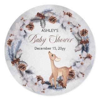Deer Rustic Winter Floral Baby Shower Classic Round Sticker