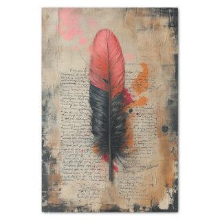 Delicate Black and Red Feather on Old Paper