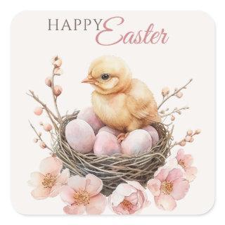 Delicate Watercolor Easter Nest Egg & Chick Brunch Square Sticker