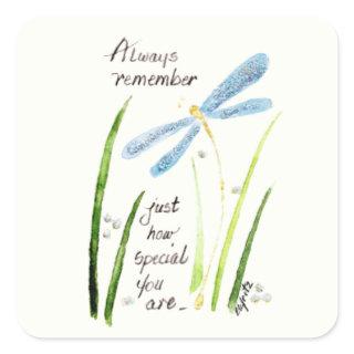 Denim Blue Dragonfly On Long Pear Green Grass Squa Square Sticker