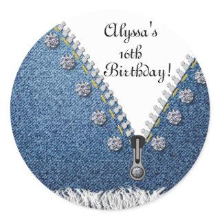 Denim Jeans Frayed & Diamonds Round Sticker Label