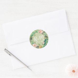Desert Cactus Bloom Wedding Monogram  Classic Roun Classic Round Sticker
