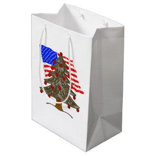 Desert Camouflage Christmas Tree w/American Flag Medium Gift Bag