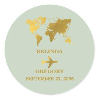 Destination Wedding World Passport Sage Green Gold Classic Round Sticker