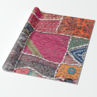 Detail old colorful patchwork carpet, India. Close