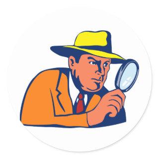 detective looking with magnifying glass classic round sticker