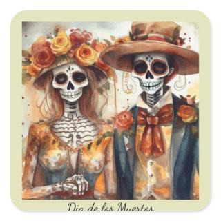 Dia de los Muertos watercolor wedding couple Square Sticker