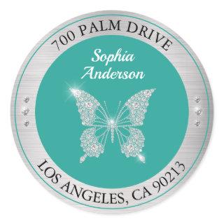 Diamond Butterfly Silver Metal Return Address Teal Classic Round Sticker