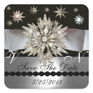 DIAMOND STARS BLACK WHITE RIBBON MONOGRAM SQUARE STICKER