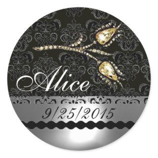 DIAMOND TULIPS BLACK WHITE GREY DAMASK,Save Date Classic Round Sticker