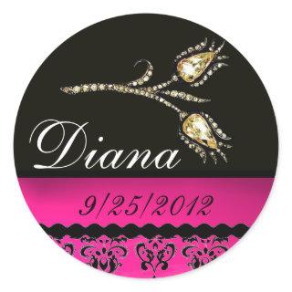 DIAMOND TULIPS BLACK WHITE PINK FUCHSIA DAMASK, CLASSIC ROUND STICKER