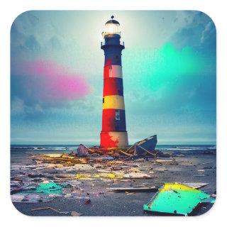 Dilapidated Lighthouse in Colorful Wreckage Square Sticker