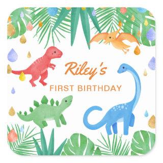 Dinosaur 1st Birthday Invitation Colorful Cute Square Sticker