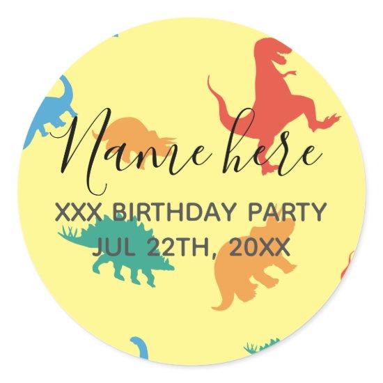 Dinosaur 1st Birthday party favor colorful pattern Classic Round Sticker
