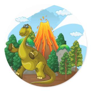 Dinosaur and volcano eruption classic round sticker