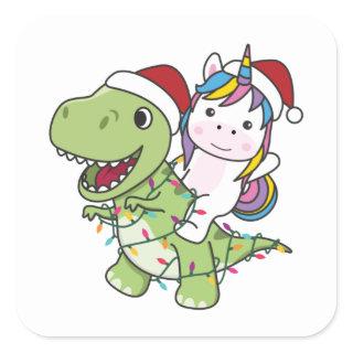 Dinosaur Christmas Unicorn Winter T-Rex Dino Squar Square Sticker