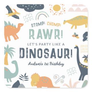 Dinosaur First Birthday Stomp Chomp Roar Square Sticker