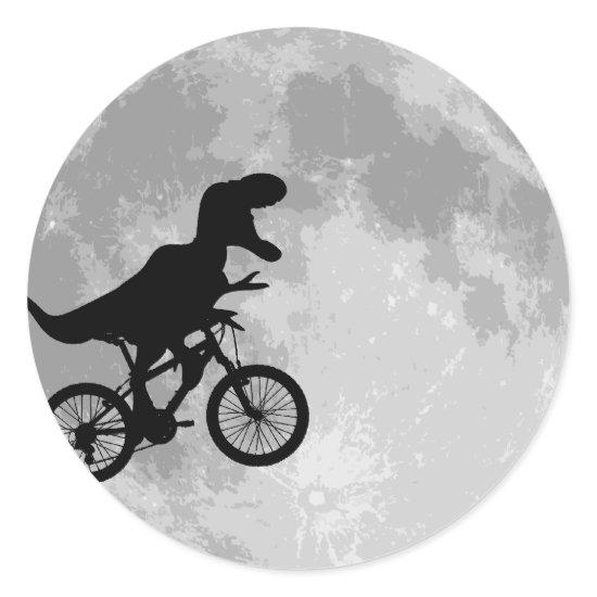 Dinosaur on a Bike In Sky With Moon Classic Round Sticker