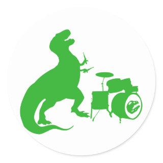 Dinosaur playing drums - Choose background color Classic Round Sticker