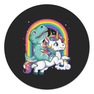 Dinosaur Riding Unicorn Kids Men Rainbow Classic Round Sticker