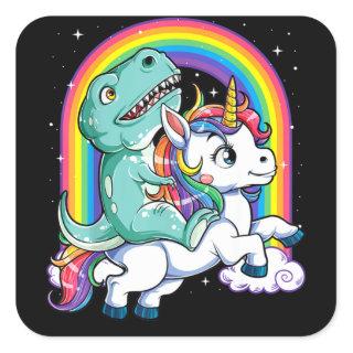 Dinosaur Riding Unicorn Kids Rainbow Square Sticker