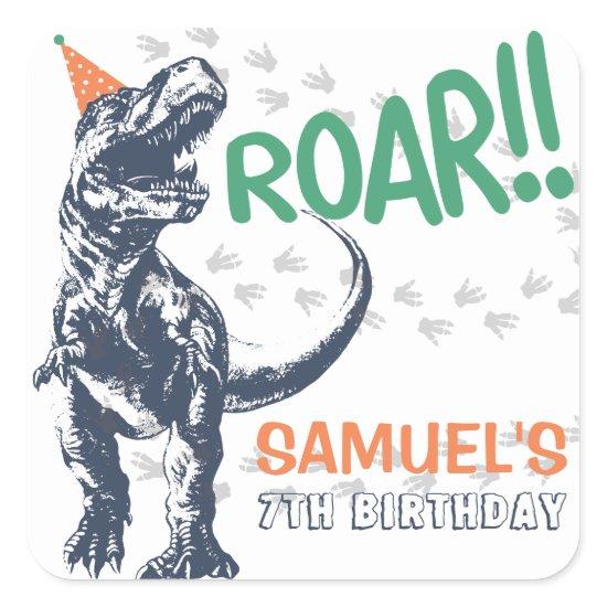 Dinosaur T-Rex in Party Hat Birthday Party Square Sticker