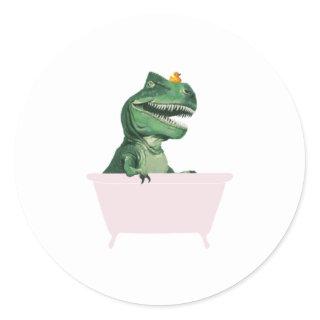 Dinosaur T-Shirt Playful T-Rex in Bathtub in Green Classic Round Sticker