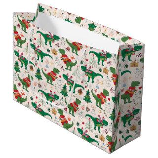 Dinosaurs in Sweaters Christmas Pattern Large Gift Bag