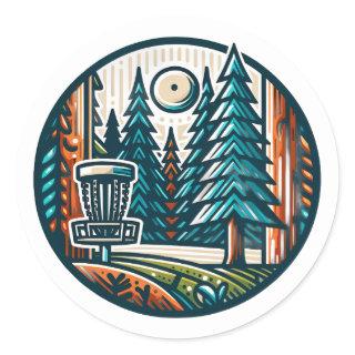 Disc Golf in the Woods Retro Vibe Art Classic Round Sticker