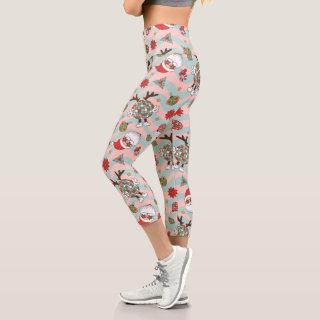 Disco Santa and Reindeer Holiday Pattern Capri Leggings