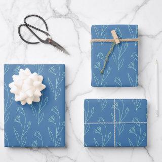Ditsy Dainty Boho Floral Line Art Drawing in Blue  Sheets