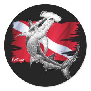 Dive flag with hammerhead shark-diver down classic round sticker